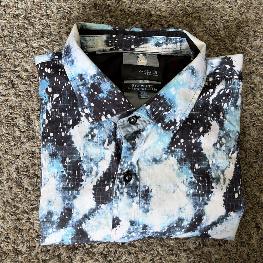 Eight X Premium Buckle Dress Shirt 3XL Button Down Blue White Abstract Winter